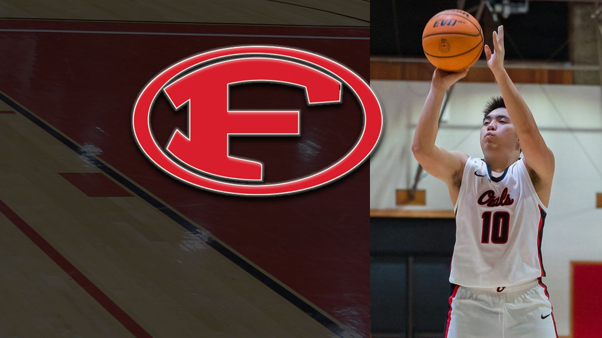 Basketball player in white jersey taking a jumper. F logo in red on grayed-out basketball court key.